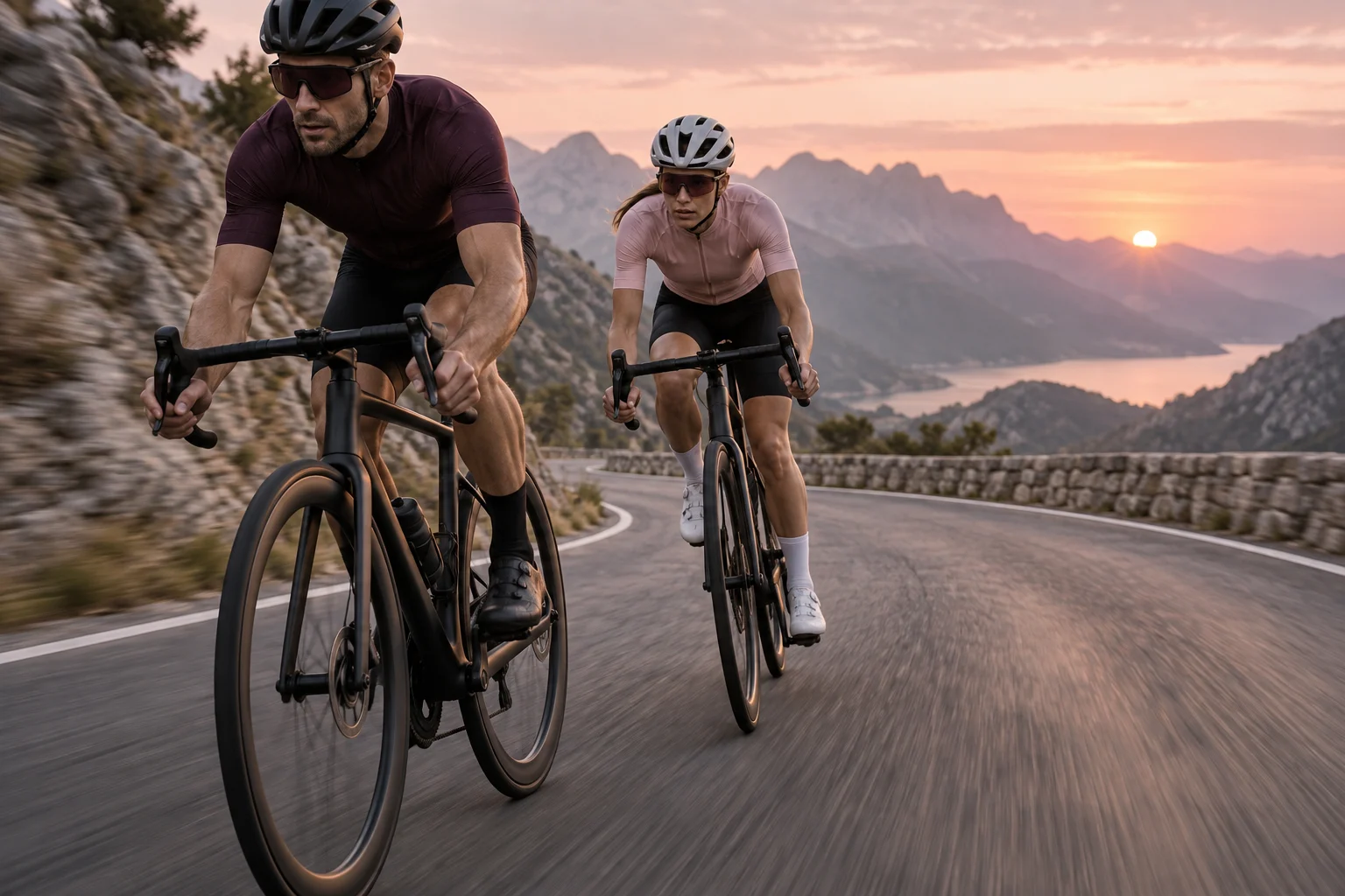 Dos ciclistas en una carretera de montaña al amanecer